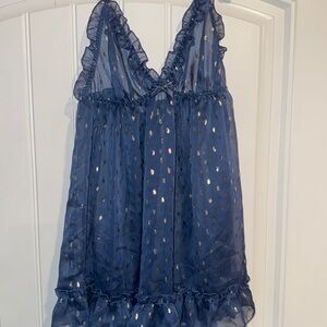 Blue Sheer Ruffled Dress with Gold Accents